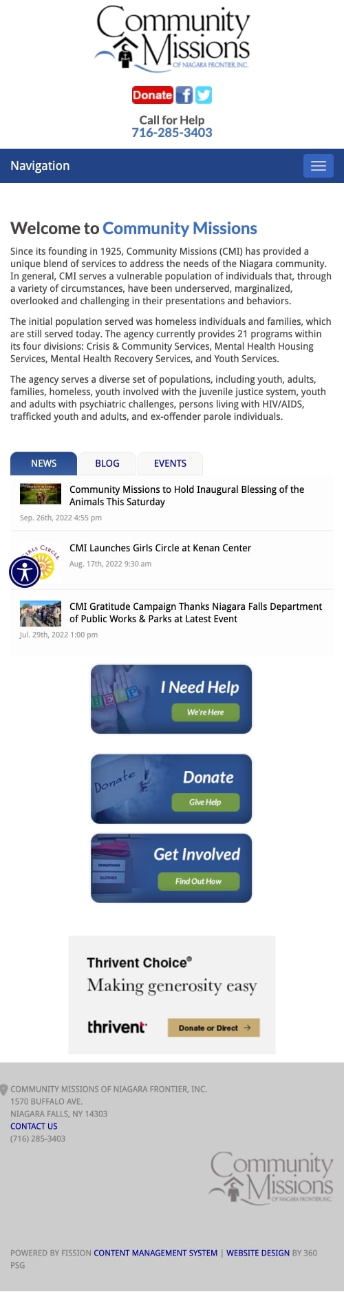 Community Missions of Niagara Frontier Website - Mobile